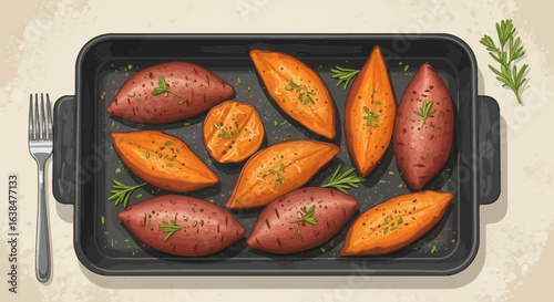 Artistic illustration featuring baked sweet potatoes in a baking tray, ready to eat