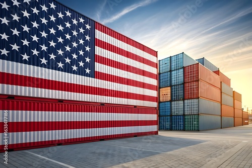 USA Flag Shipping Containers Stacked Outdoors USA flag United States
