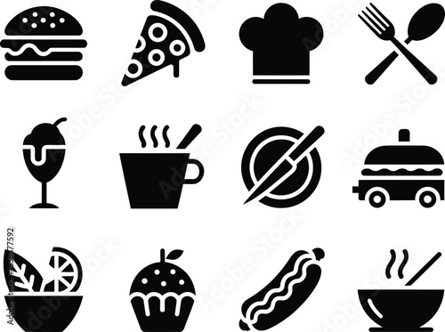 Collection of black food and drink icons on a white background