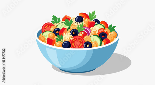 Colorful Mediterranean couscous salad in a light blue bowl illustration