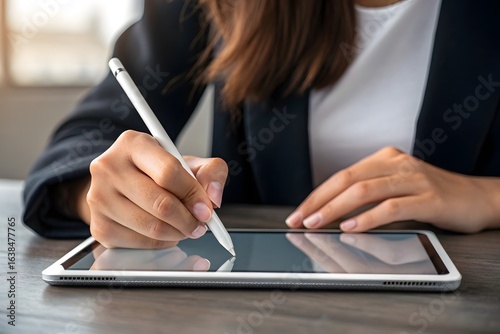 Woman Signing Document on Tablet with Stylus image photo