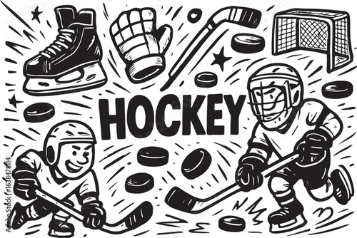hockey action with skates, gloves, stick, and puck in bold line art