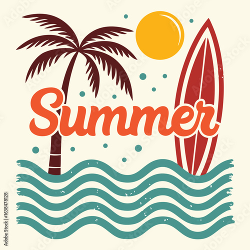 A vintage summer shows palm tree, surfboard, sun and ocean waves