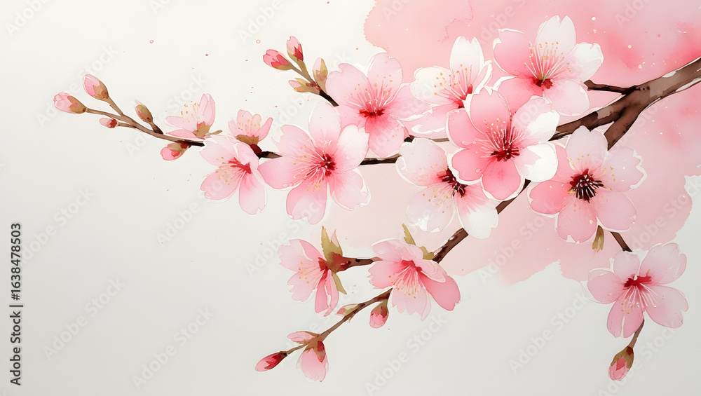Fototapeta premium Delicate Sakura Blossom Clipart in Light Pink Watercolor Effect – Hand-Painted Cherry Blossom Flower Isolated on White Background for Spring and Floral Designs
