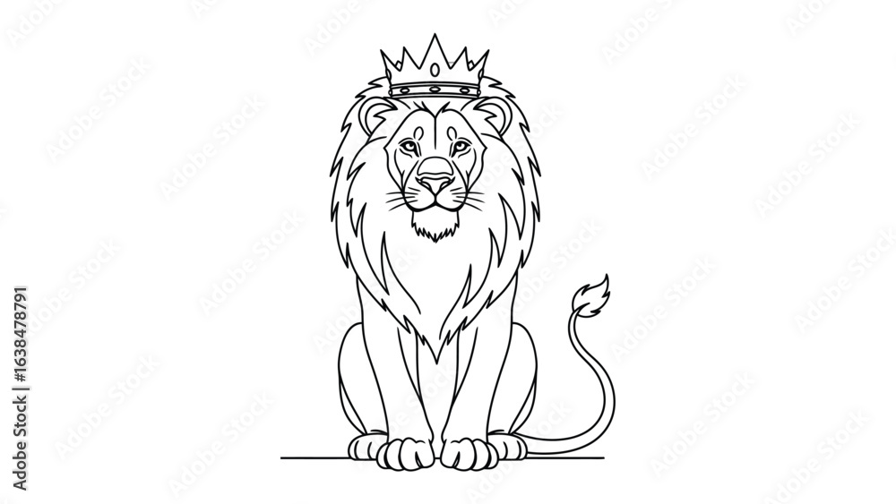 Obraz premium Majestic Lion King: A regal line art illustration of a lion wearing a crown, embodying power and authority. This image is perfect for conveying strength and leadership.