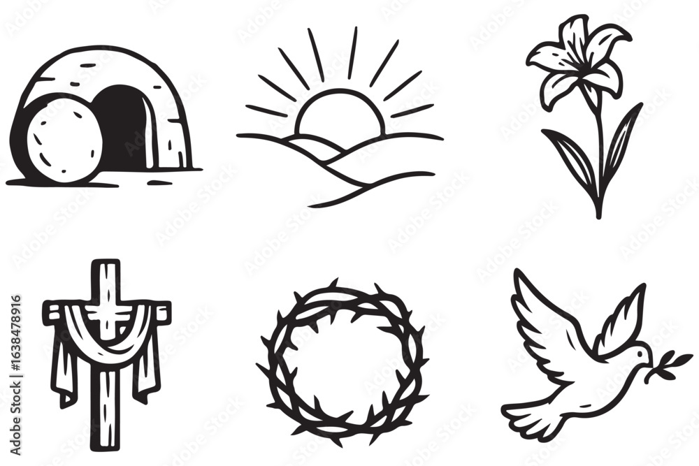 Fototapeta premium Easter Symbolism Tomb, Cross, Crown of Thorns, and Dove Line Art
