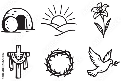 Easter Symbolism Tomb, Cross, Crown of Thorns, and Dove Line Art
