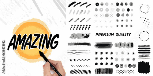 Hand writing the word amazing with artistic brush strokes and design elements