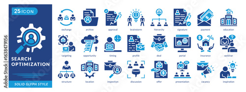 search optimization icon set collection in solid glyph style. an icon pack exchange, archive, approval, brainstorm, hierarchy, signature, payment, education, targeting, opportunity