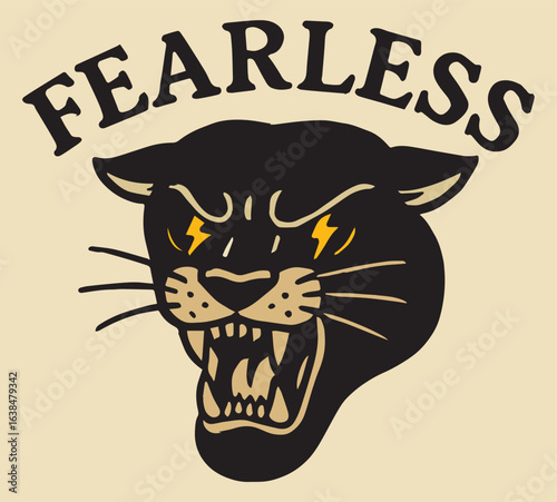 "Fearless" – black panther head with fur detail, lightning bolts in eyes made with pure white, heavy black outline, gray shading on fur, vector tattoo style