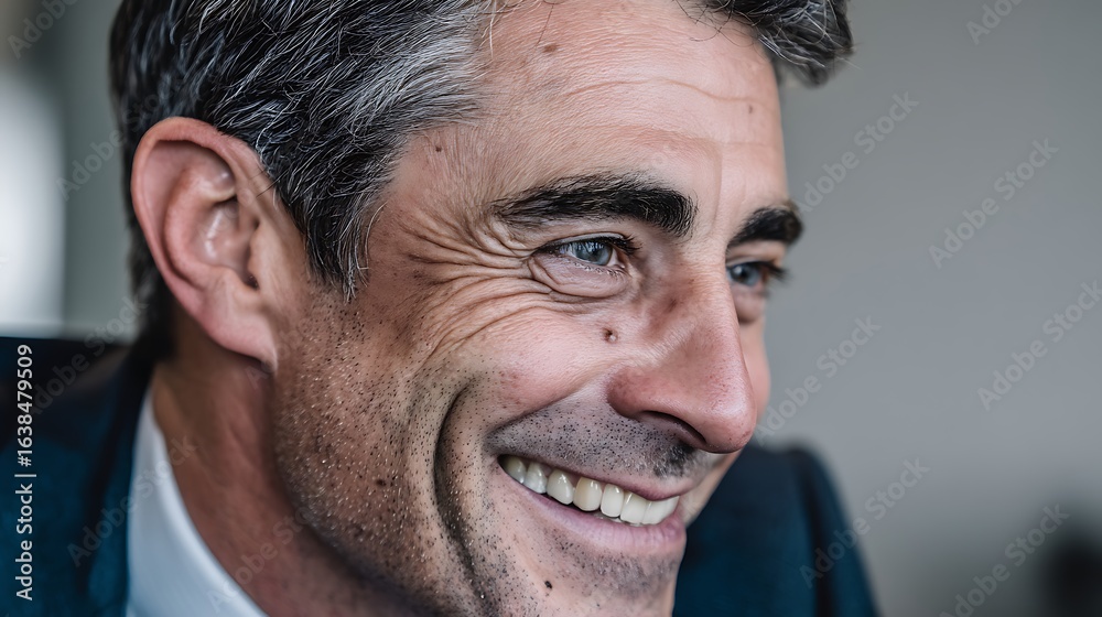 Fototapeta premium In the realm of professional prowess, a distinguished business leader emerges, radiating confidence and charisma. His elegant smile speaks volumes, embodying approachability and success