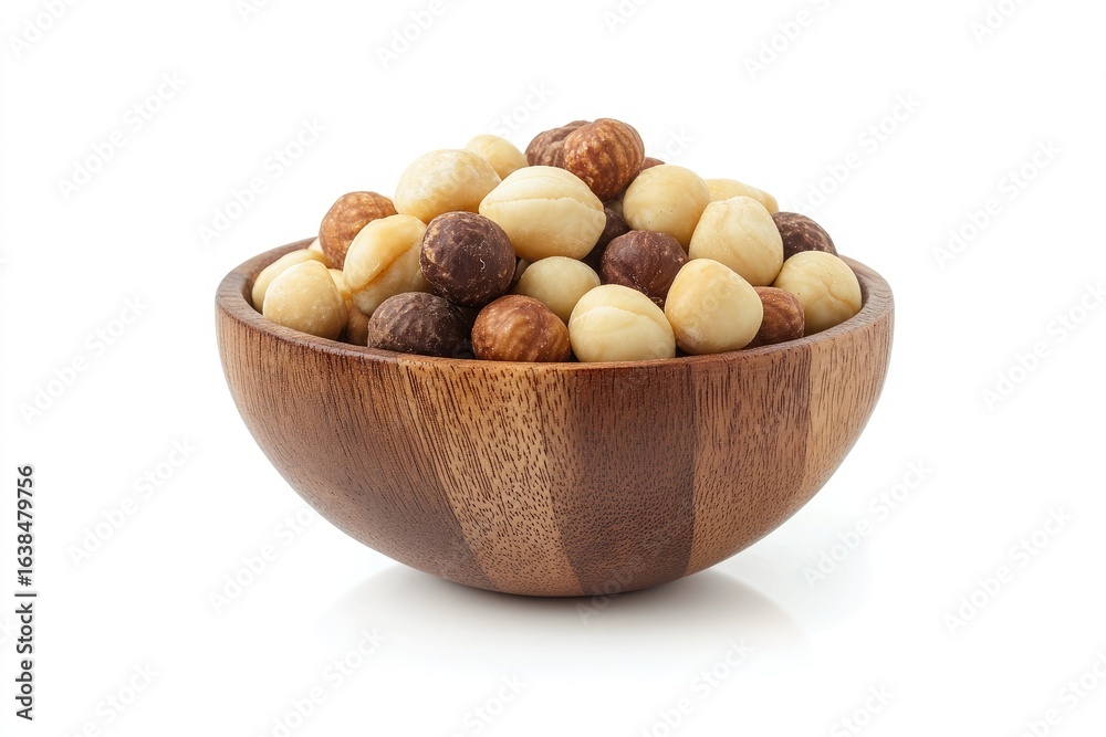 Mixed macadamia nuts in a wooden bowl, isolated on a white background Mixed macadamia nuts in a wooden bowl, isolated on a white background