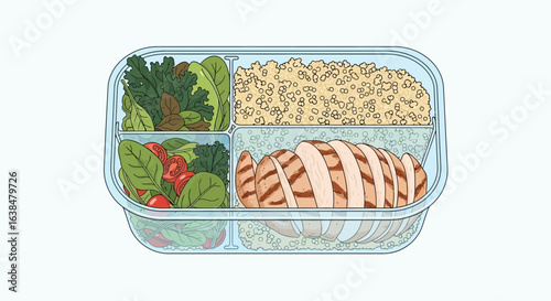 Conceptual meal preparation container featuring chicken, quinoa, and vibrant salad mix