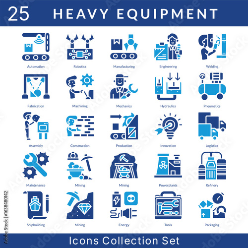 Heavy Equipment icon set collection in solid glyph style. an icon pack contain robotics, manufacturing, engineering, welding, fabrication, machining, mechanics, hydraulics, pneumatics, assembly