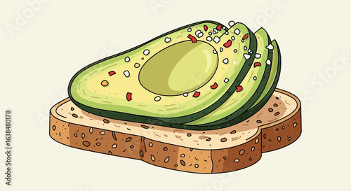 Illustration of avocado toast with seasonings on light beige background