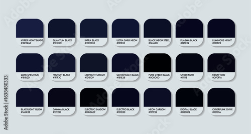 Neon Black Color Guide Palette with Color Names. Catalog Samples Neon Black with RGB HEX codes and Names. Neon Black Colors shades Vector, Black Color Palette, Fashion Trend Neon Blacks Color