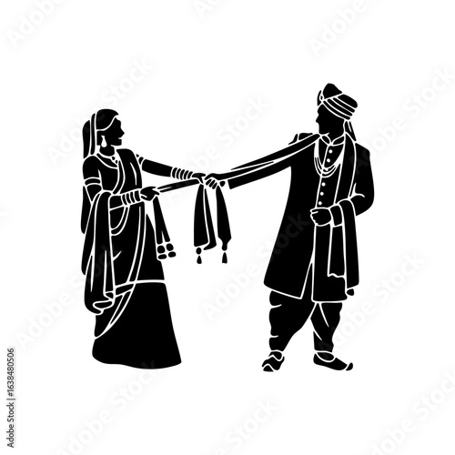 Minimal Hindu Wedding Bride Playfully Tugging Groom Stole Vector Illustration