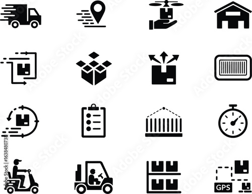 Collection of logistics and delivery service icons representing shipping and transportation