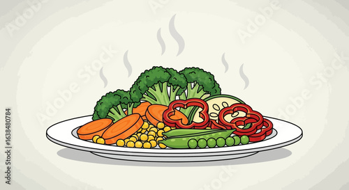 Colorful and Nutritious Vegetable Medley on a Plate, Cartoon Illustration