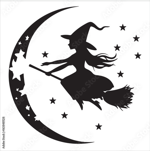 Cute Kawaii Witch Flying On Broomstick silhouette, Cute Kawaii Witch Flying On Broomstick vector illustration, High-Quality Witch Character Illustration, witch on a broom Vector