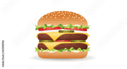Enticing double cheeseburger illustration with fresh ingredients on white background