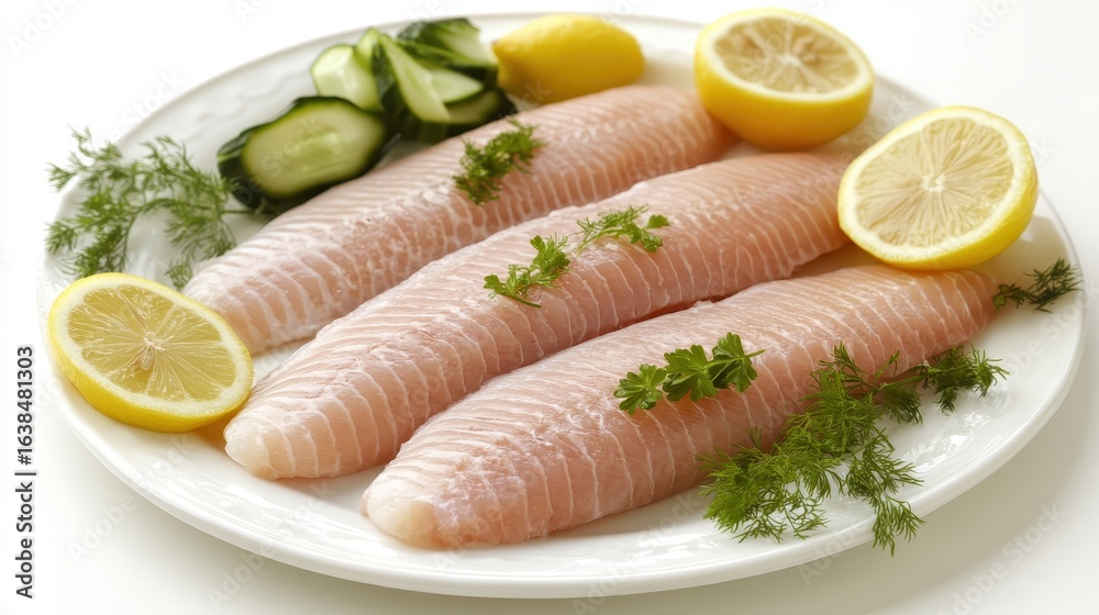 Fresh Fish Fillets with Lemon and Herbs on White Plate Display Fresh Fish Fillets with Lemon and Herbs on White Plate Display