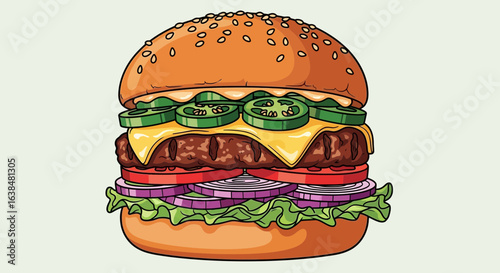 Cartoon-style hamburger illustration with fresh toppings and sesame bun