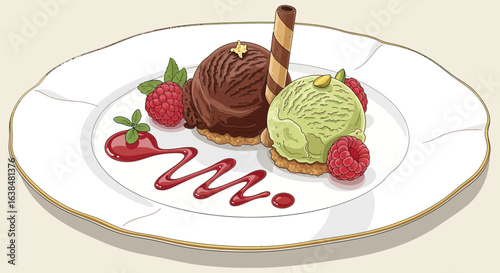 Decadent Duo: Chocolate and Pistachio Ice Cream Delight with Berry Accents