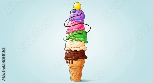 Cartoon of a colossal ice cream cone with assorted flavors illustration