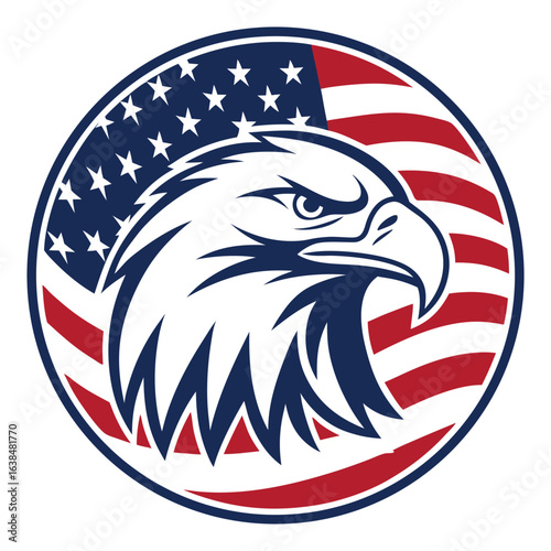 Bald eagle head profile displayed within an American flag circle, on white