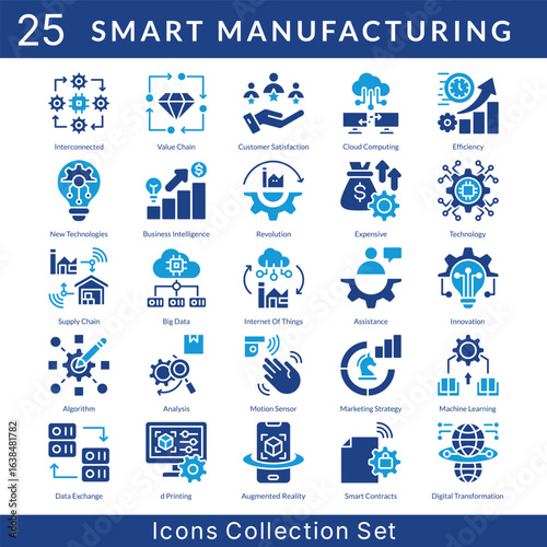 Smart Manufacturing icon set collection in solid glyph style. an icon pack contain efficiency, new technologies, business intelligence, revolution, expensive, technology, supply chain, big data