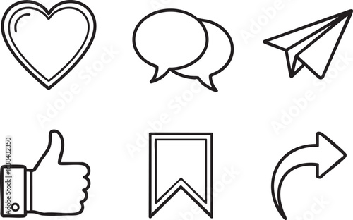 Hand drawn social media icons for likes comments shares and favorites