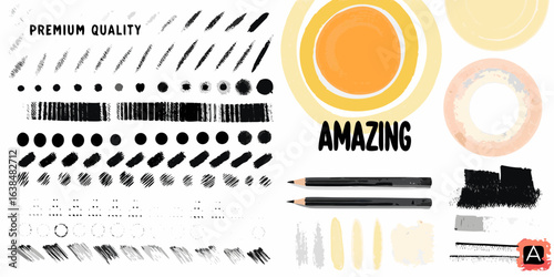 Collection of artistic brushes textures and pencils