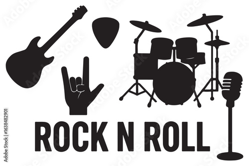 Rock and roll music icons guitar, drums, microphone, and more. Perfect for music themed designs and projects.