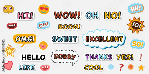 Collection of colorful cartoon speech bubbles with positive expressions and words