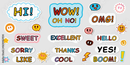 Collection of colorful cartoon speech bubbles with words and emojis