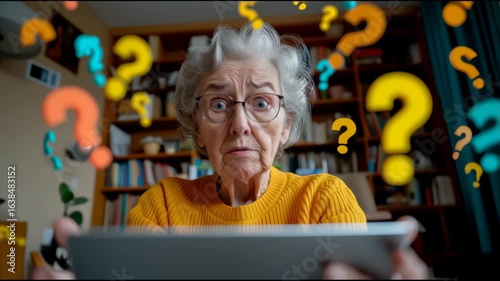 Confused elderly woman using laptop computer with many flying question marks. Mature old lady has difficulties to use technology devices, understand information, banking platform, forget password