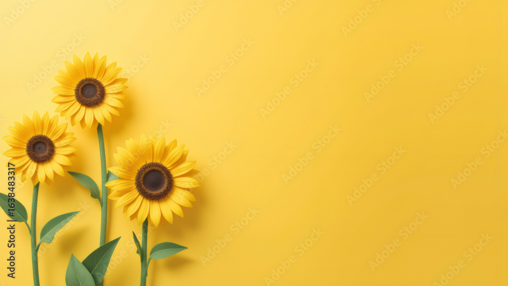 Fototapeta premium Three yellow sunflowers on a vibrant yellow background, studio shot