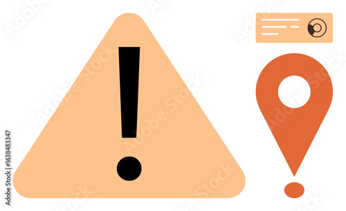 Bold exclamation mark in orange triangle paired with location pin. Ideal for alert, caution, attention, danger, navigation, notification, emergency concepts. Clear and simple flat metaphor