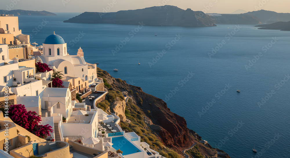Fototapeta premium Iconic whitewashed village with a blue-domed church perched on a cliff in Santorini, Greece, overlooking the Aegean Sea.