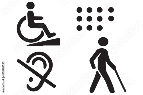 Disability accessibility symbols wheelchair ramp, braille, hearing impairment, and visually impaired walking