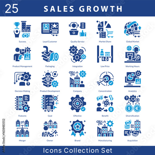 Sales Growth icon set collection in solid glyph style. an icon pack contain global market, product management, packaging, integration, low price, working hours, decision making