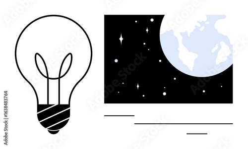 Light bulb next to cosmic scene of Earth and stars representing creativity, global vision. Ideal for innovation, technology, sustainability, brainstorming, discovery, imagination education. Simple