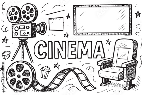 vintage cinema elements with film camera, movie reel, popcorn, and chair illustration in black and white