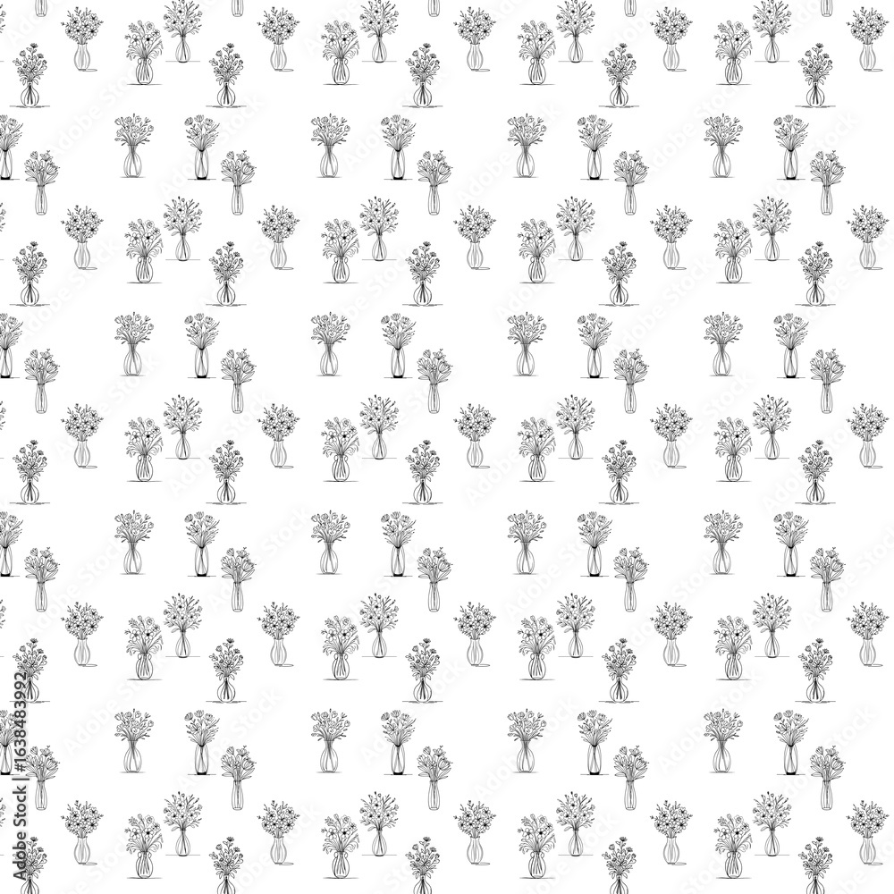 Fototapeta premium A seamless pattern of black-and-white line art flower arrangements in vases, repeated evenly across a white background, creating an elegant and minimal botanical design.