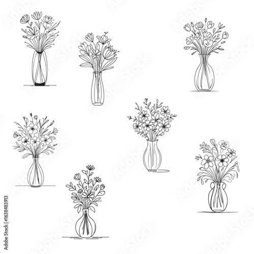 A collection of elegant black-and-white line art drawings depicting various flower arrangements in vases, each with unique floral designs and delicate detailing.