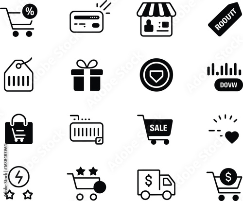 Set of hand drawn icons representing online shopping and e commerce concepts