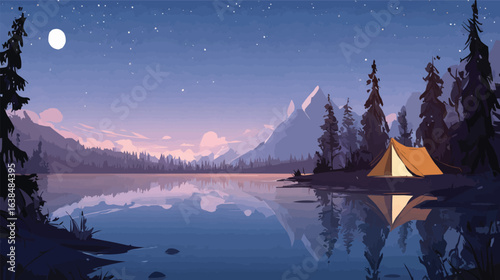 Glowing tent by serene lake under starry night sky with mountain reflection