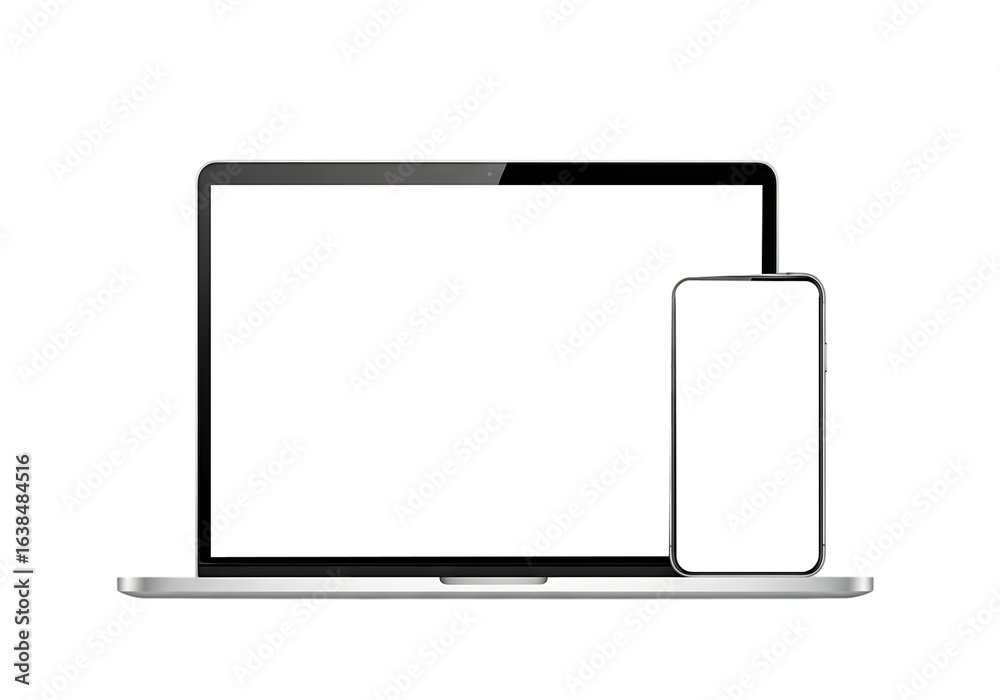 A laptop and a smartphone sidebyside with blank screens, isolated on a transparent background A laptop and a smartphone sidebyside with blank screens, isolated on a transparent background