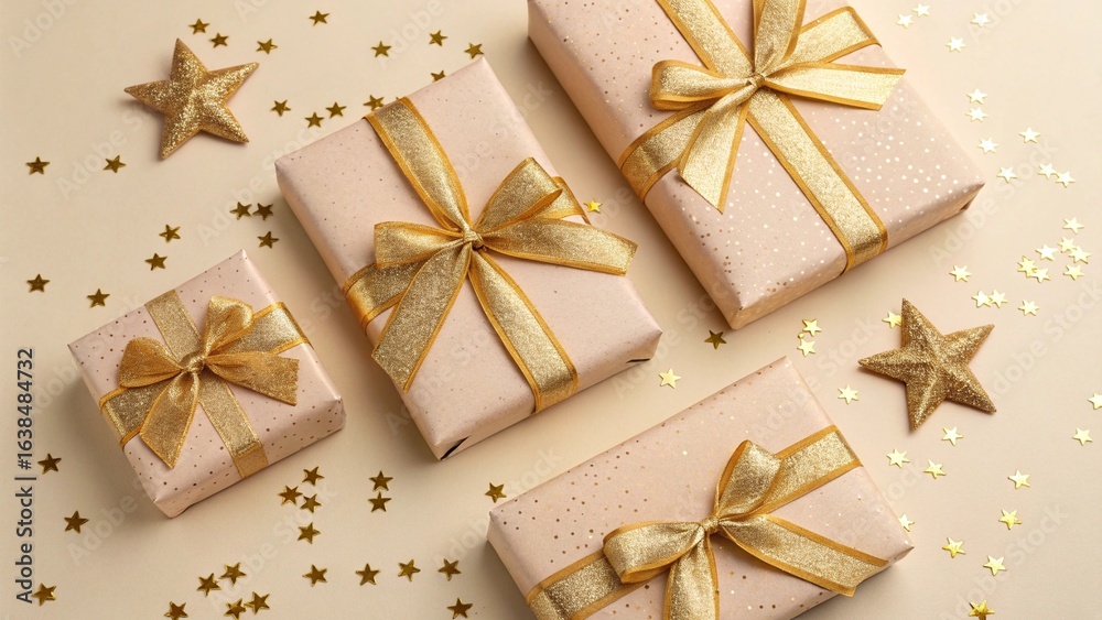 Stacked gifts, gold ribbon, light pink paper, festive stars Stacked gifts, gold ribbon, light pink paper, festive stars